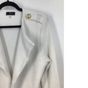 Tahari White Textured Knit Military Inspired Cardigan Jacket Gold Buttons L